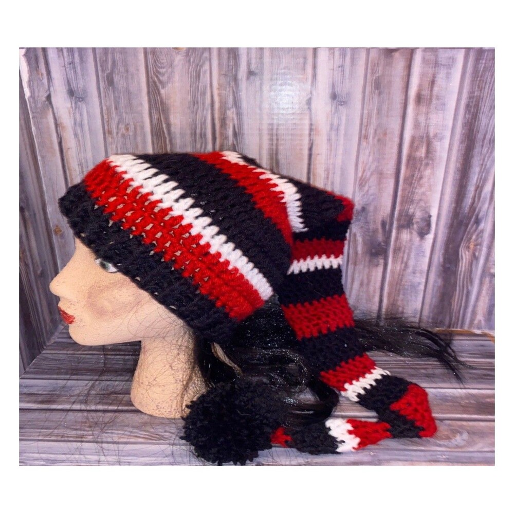 Red & Black w/ white Chicago 36” hat W/pompom toboggan Winter Ski